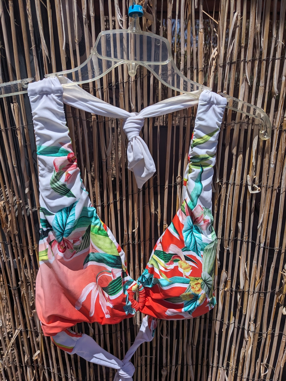 Trina Turk White Tropical Floral Print Bikini Top with Coral and Teal Accents